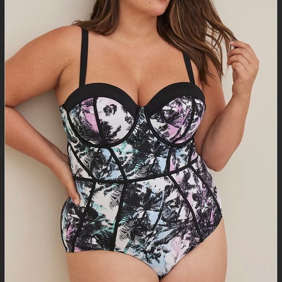 Torrid Plus Size 6X(30)D/DD Slim Fix Palm Print Underwire Push Up Swimsuit, NWT - Picture 1 of 4